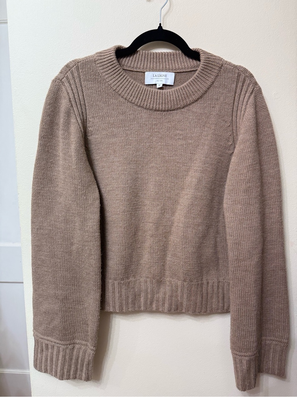 La Ligne M 100% Merino Wool Camel Taupe Crewneck Sweater Quiet Luxury Minimalist